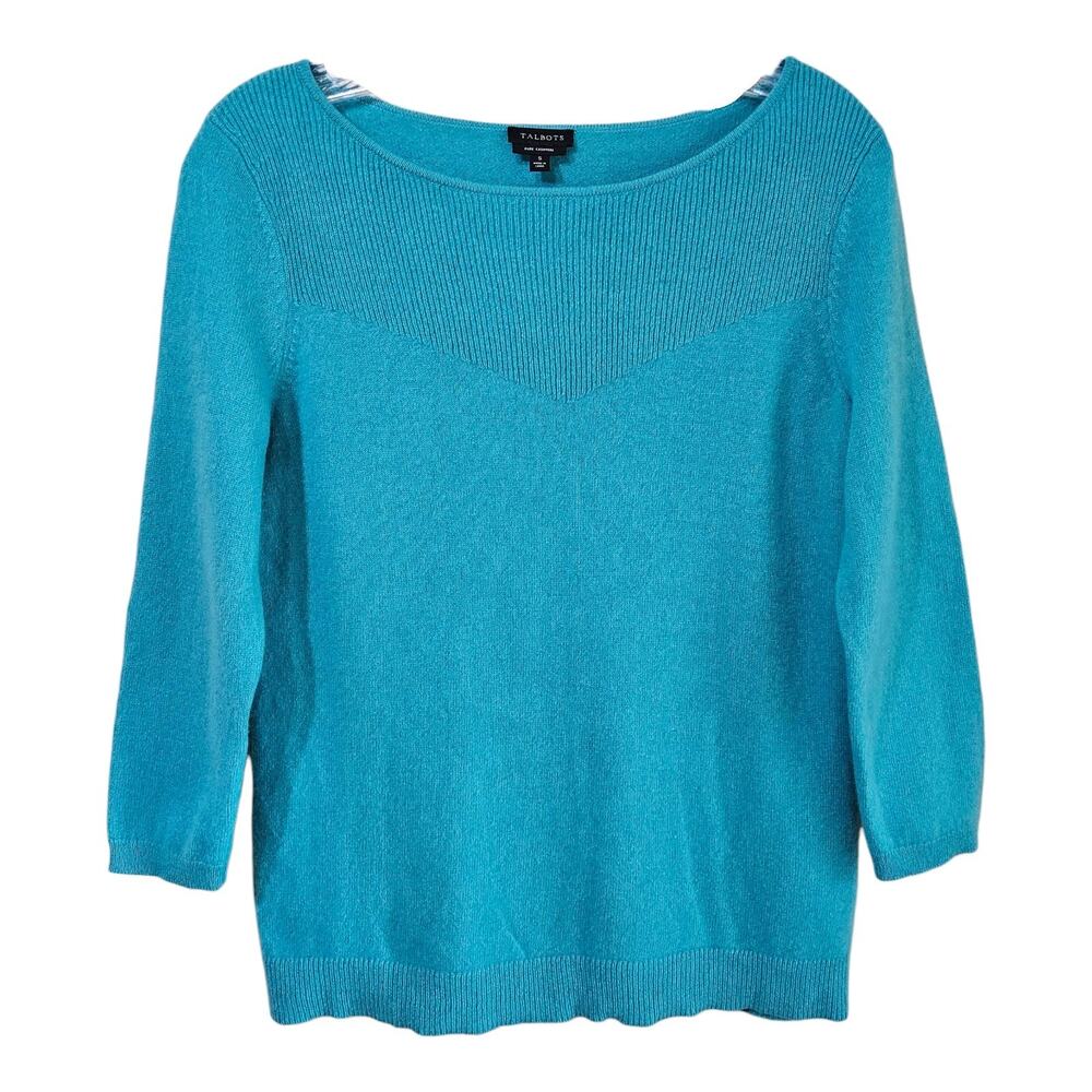 TALBOTS Women's S Cashmere Sweater Aqua Blue Ribbed Details 3/4 Sleeve Bust 34"